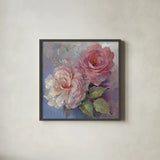 Roses on Blue I Crop by Peter McGowan. Shown in a sleek black glass frame for a contemporary gallery look. Available as an archival giclee rolled canvas, fine art paper, or poster print. SKU 32565a.