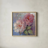Roses on Blue I Crop by Peter McGowan. Shown in a natural wood glass frame for a timeless modern aesthetic. Available as an archival giclee rolled canvas, fine art paper, or poster print. SKU 32565a.