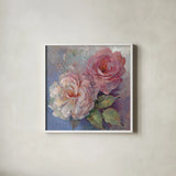 Roses on Blue I Crop by Peter McGowan. Shown in a crisp white glass frame for a clean and minimalist style. Available as an archival giclee rolled canvas, fine art paper, or poster print. SKU 32565a.