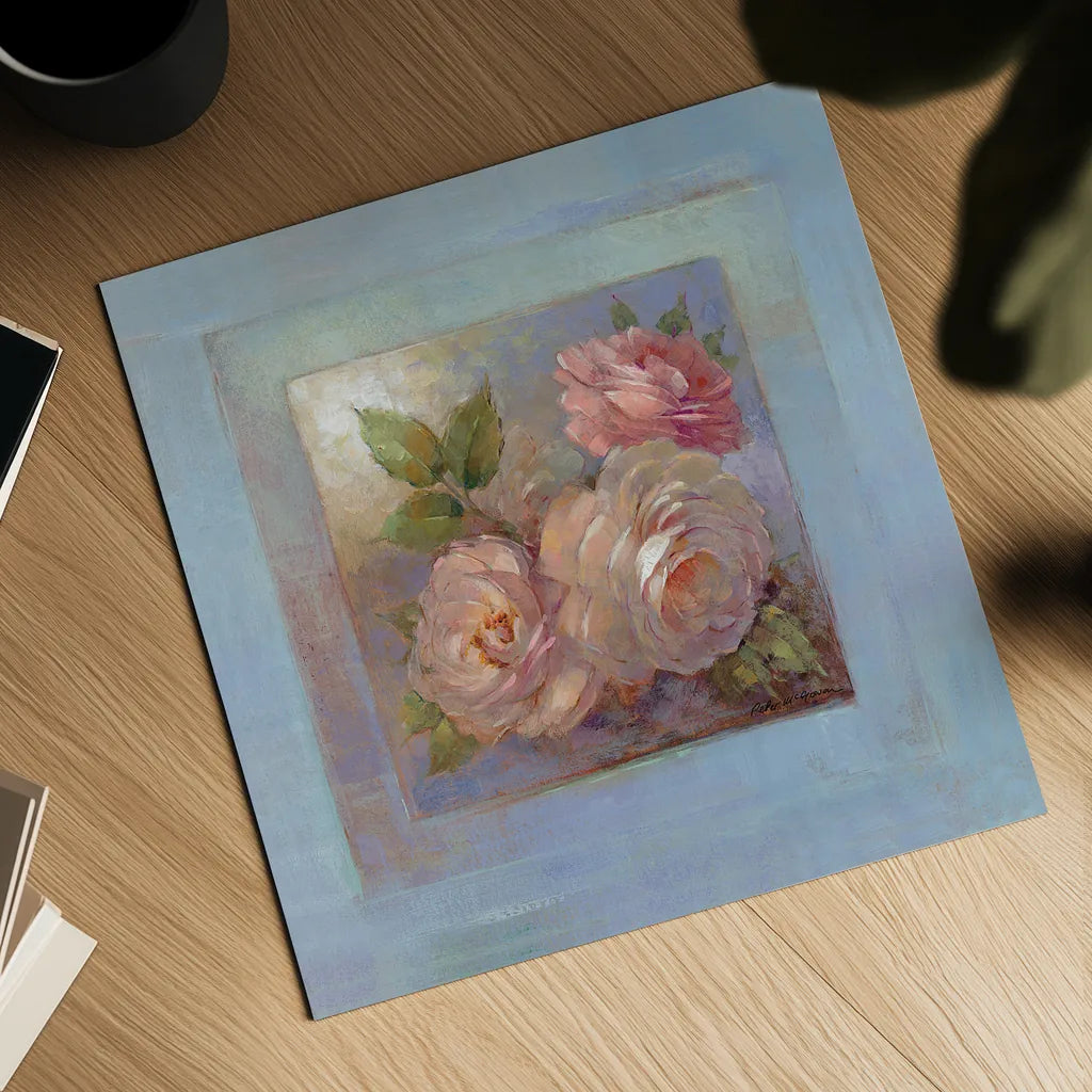 Roses on Blue II by Peter McGowan. Shown as a detailed flat fine art print, highlighting archival giclee quality. Available as an archival giclee rolled canvas, fine art paper, or poster print. SKU 1247a.