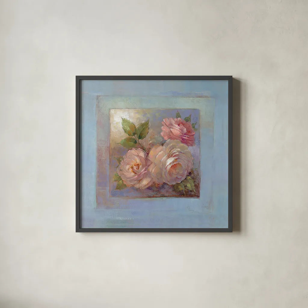 Roses on Blue II by Peter McGowan. Shown in a sleek black glass frame for a contemporary gallery look. Available as an archival giclee rolled canvas, fine art paper, or poster print. SKU 1247a.