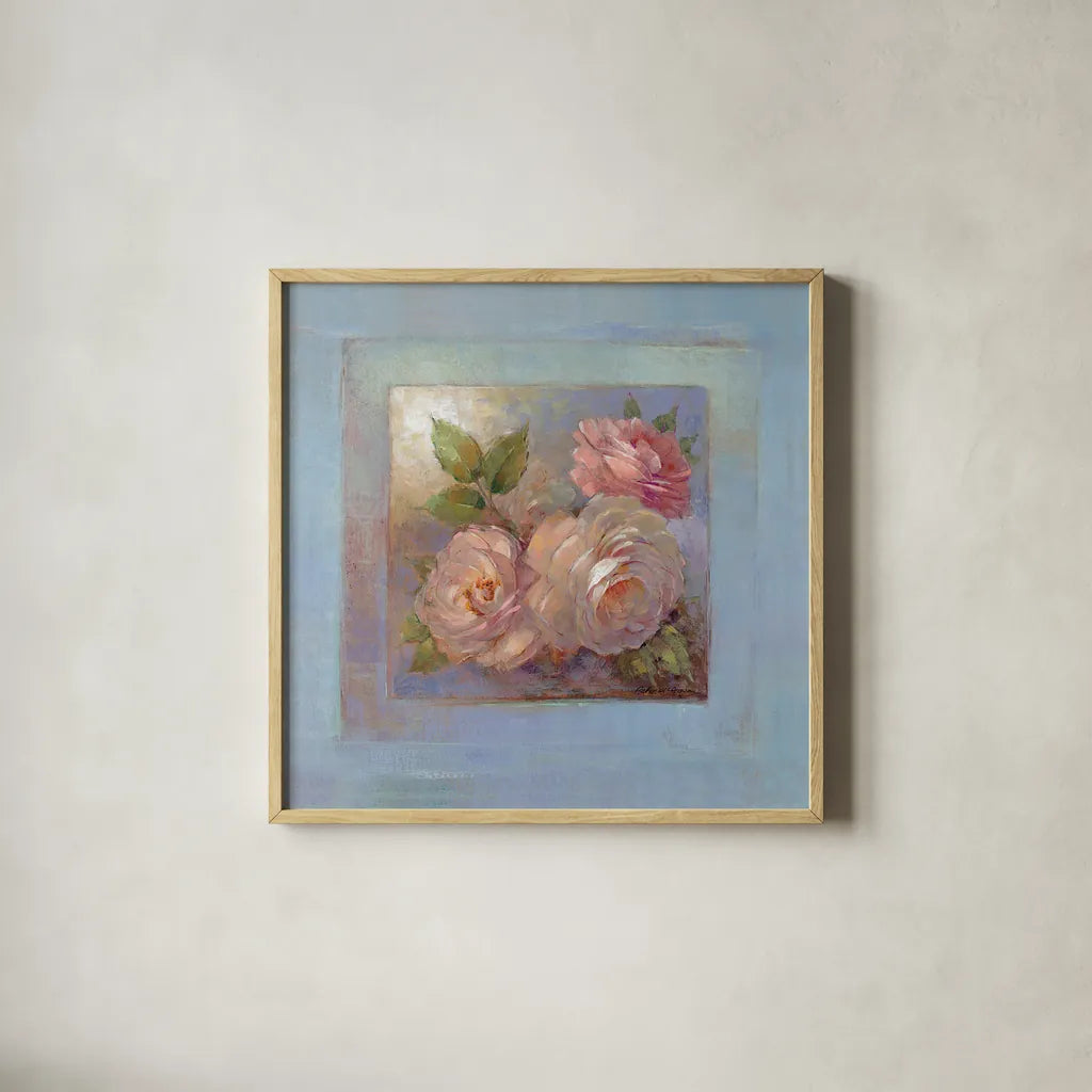 Roses on Blue II by Peter McGowan. Shown in a natural wood glass frame for a timeless modern aesthetic. Available as an archival giclee rolled canvas, fine art paper, or poster print. SKU 1247a.