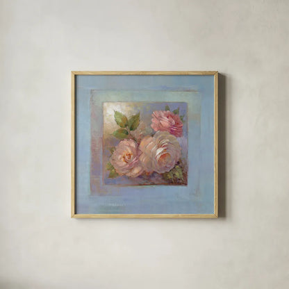 Roses on Blue II by Peter McGowan. Shown in a natural wood glass frame for a timeless modern aesthetic. Available as an archival giclee rolled canvas, fine art paper, or poster print. SKU 1247a.