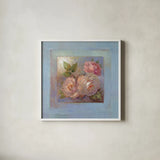 Roses on Blue II by Peter McGowan. Shown in a crisp white glass frame for a clean and minimalist style. Available as an archival giclee rolled canvas, fine art paper, or poster print. SKU 1247a.