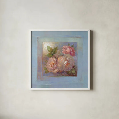 Roses on Blue II by Peter McGowan. Shown in a crisp white glass frame for a clean and minimalist style. Available as an archival giclee rolled canvas, fine art paper, or poster print. SKU 1247a.