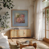 Roses on Blue II by Peter McGowan. Shown in a natural wood frame in a cozy modern living room. Available as an archival giclee rolled canvas, fine art paper, or poster print. SKU 1247a.