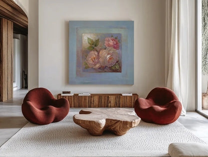 Roses on Blue II by Peter McGowan. Shown as extra-large giant wall art in a modern living room. Available as an archival giclee rolled canvas, fine art paper, or poster print. SKU 1247a.