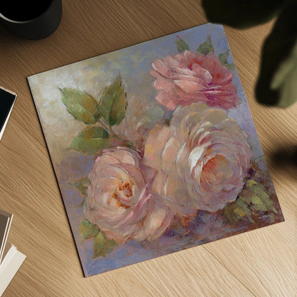 Roses on Blue II Crop by Peter McGowan. Shown as a detailed flat fine art print, highlighting archival giclee quality. Available as an archival giclee rolled canvas, fine art paper, or poster print. SKU 32566a.