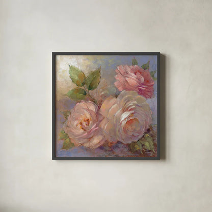 Roses on Blue II Crop by Peter McGowan. Shown in a sleek black glass frame for a contemporary gallery look. Available as an archival giclee rolled canvas, fine art paper, or poster print. SKU 32566a.
