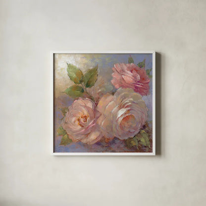 Roses on Blue II Crop by Peter McGowan. Shown in a crisp white glass frame for a clean and minimalist style. Available as an archival giclee rolled canvas, fine art paper, or poster print. SKU 32566a.