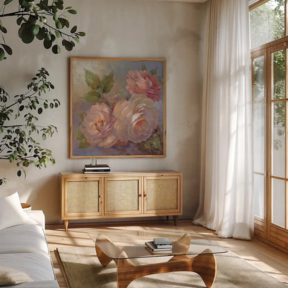 Roses on Blue II Crop by Peter McGowan. Shown in a natural wood frame in a cozy modern living room. Available as an archival giclee rolled canvas, fine art paper, or poster print. SKU 32566a.