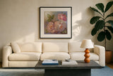 Roses on Blue II Crop by Peter McGowan. Displayed in a glass frame with matte in a clean modern living room. Available as an archival giclee rolled canvas, fine art paper, or poster print. SKU 32566a.