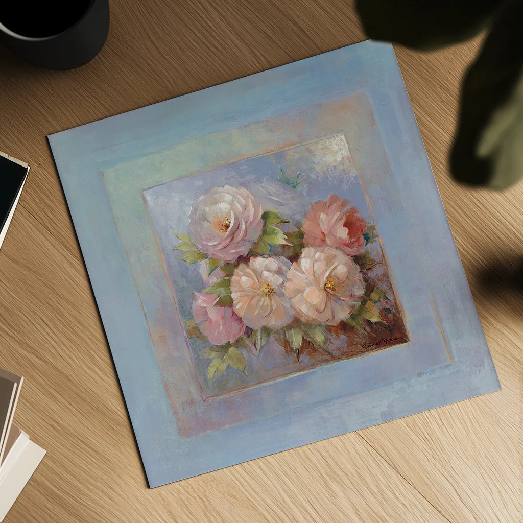 Roses on Blue III by Peter McGowan. Shown as a detailed flat fine art print, highlighting archival giclee quality. Available as an archival giclee rolled canvas, fine art paper, or poster print. SKU 1248a.