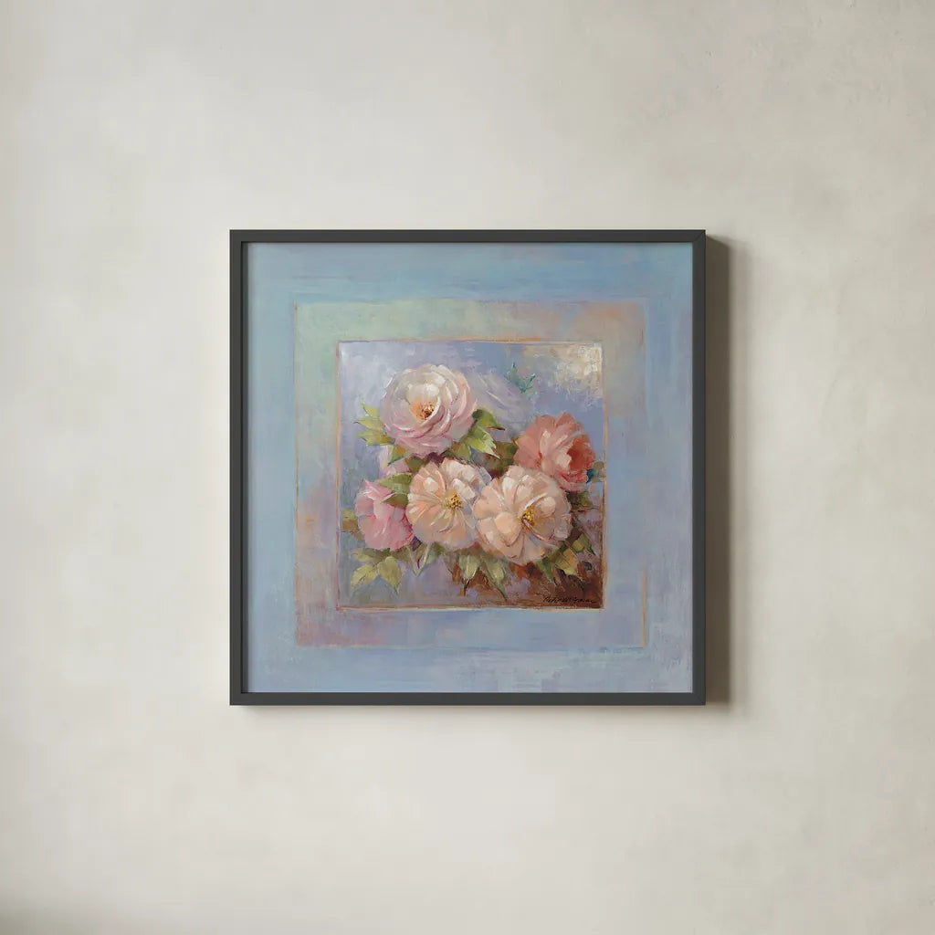 Roses on Blue III by Peter McGowan. Shown in a sleek black glass frame for a contemporary gallery look. Available as an archival giclee rolled canvas, fine art paper, or poster print. SKU 1248a.