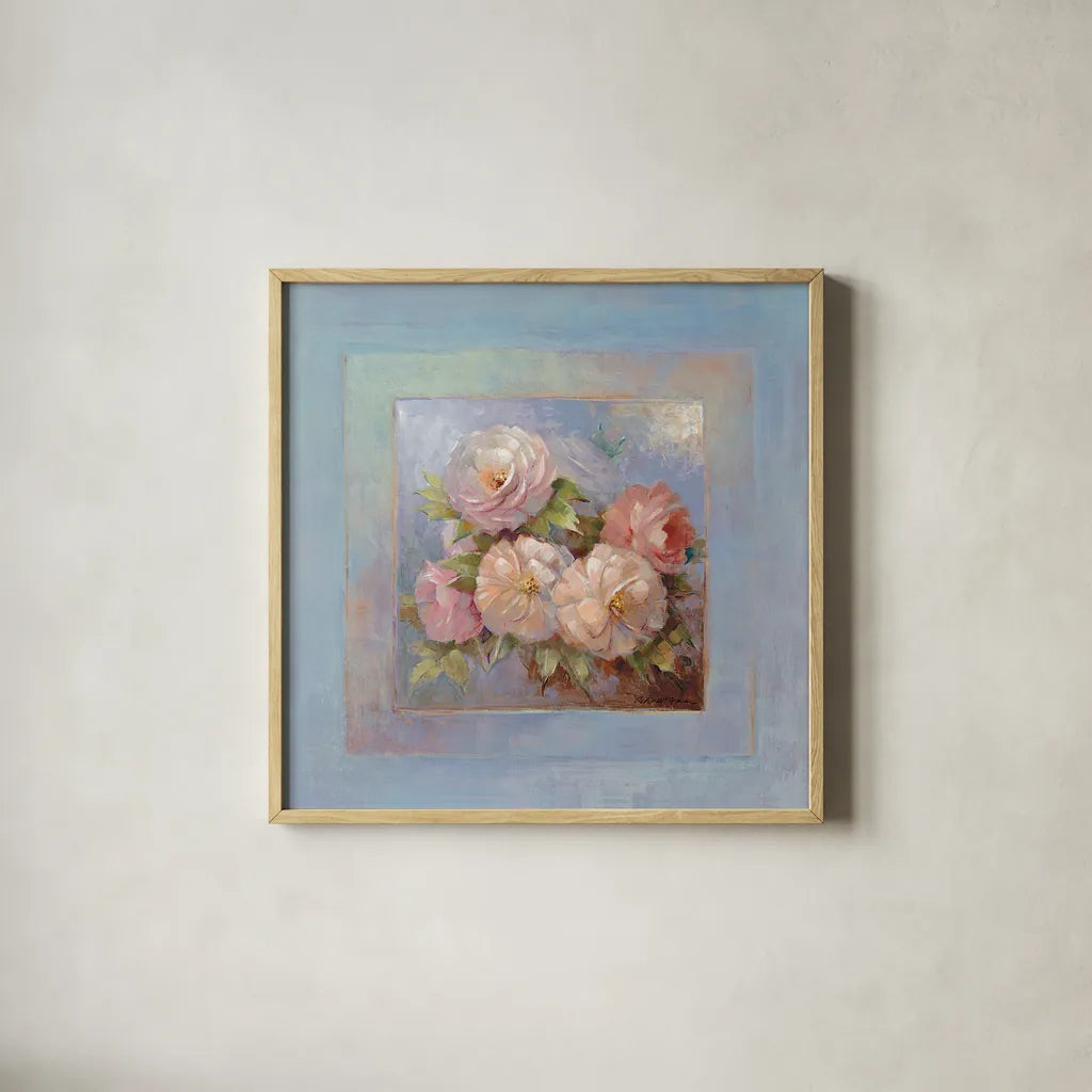 Roses on Blue III by Peter McGowan. Shown in a natural wood glass frame for a timeless modern aesthetic. Available as an archival giclee rolled canvas, fine art paper, or poster print. SKU 1248a.