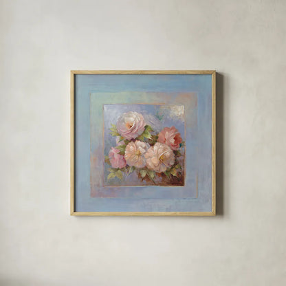 Roses on Blue III by Peter McGowan. Shown in a natural wood glass frame for a timeless modern aesthetic. Available as an archival giclee rolled canvas, fine art paper, or poster print. SKU 1248a.
