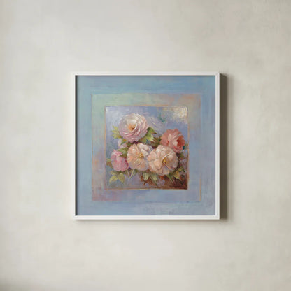 Roses on Blue III by Peter McGowan. Shown in a crisp white glass frame for a clean and minimalist style. Available as an archival giclee rolled canvas, fine art paper, or poster print. SKU 1248a.