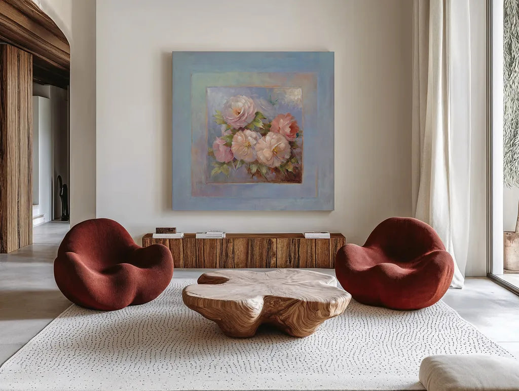 Roses on Blue III by Peter McGowan. Shown as extra-large giant wall art in a modern living room. Available as an archival giclee rolled canvas, fine art paper, or poster print. SKU 1248a.