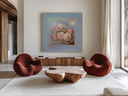 Roses on Blue III by Peter McGowan. Shown as extra-large giant wall art in a modern living room. Available as an archival giclee rolled canvas, fine art paper, or poster print. SKU 1248a.