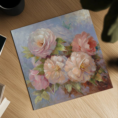 Roses on Blue III Crop by Peter McGowan. Shown as a detailed flat fine art print, highlighting archival giclee quality. Available as an archival giclee rolled canvas, fine art paper, or poster print. SKU 32567a.