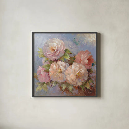 Roses on Blue III Crop by Peter McGowan. Shown in a sleek black glass frame for a contemporary gallery look. Available as an archival giclee rolled canvas, fine art paper, or poster print. SKU 32567a.