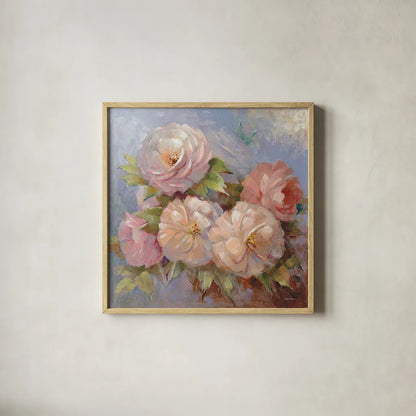 Roses on Blue III Crop by Peter McGowan. Shown in a natural wood glass frame for a timeless modern aesthetic. Available as an archival giclee rolled canvas, fine art paper, or poster print. SKU 32567a.