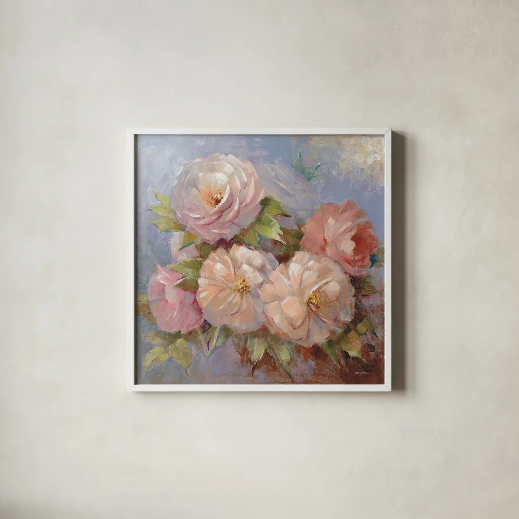 Roses on Blue III Crop by Peter McGowan. Shown in a crisp white glass frame for a clean and minimalist style. Available as an archival giclee rolled canvas, fine art paper, or poster print. SKU 32567a.