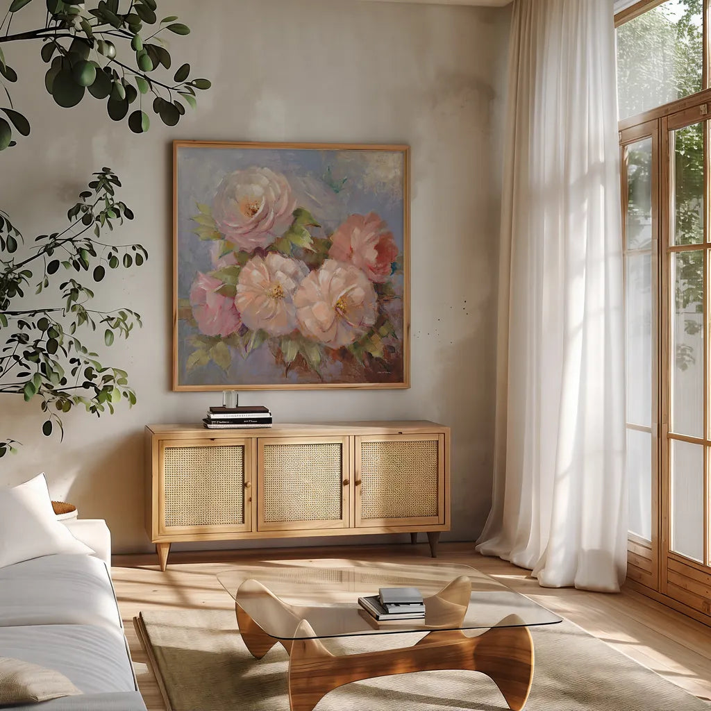 Roses on Blue III Crop by Peter McGowan. Shown in a natural wood frame in a cozy modern living room. Available as an archival giclee rolled canvas, fine art paper, or poster print. SKU 32567a.