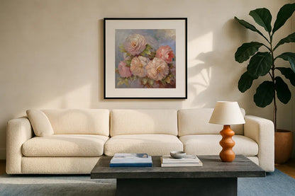 Roses on Blue III Crop by Peter McGowan. Displayed in a glass frame with matte in a clean modern living room. Available as an archival giclee rolled canvas, fine art paper, or poster print. SKU 32567a.