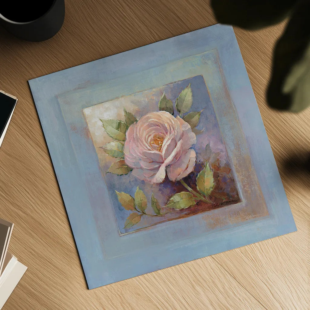 Roses on Blue IV by Peter McGowan. Shown as a detailed flat fine art print, highlighting archival giclee quality. Available as an archival giclee rolled canvas, fine art paper, or poster print. SKU 1249a.