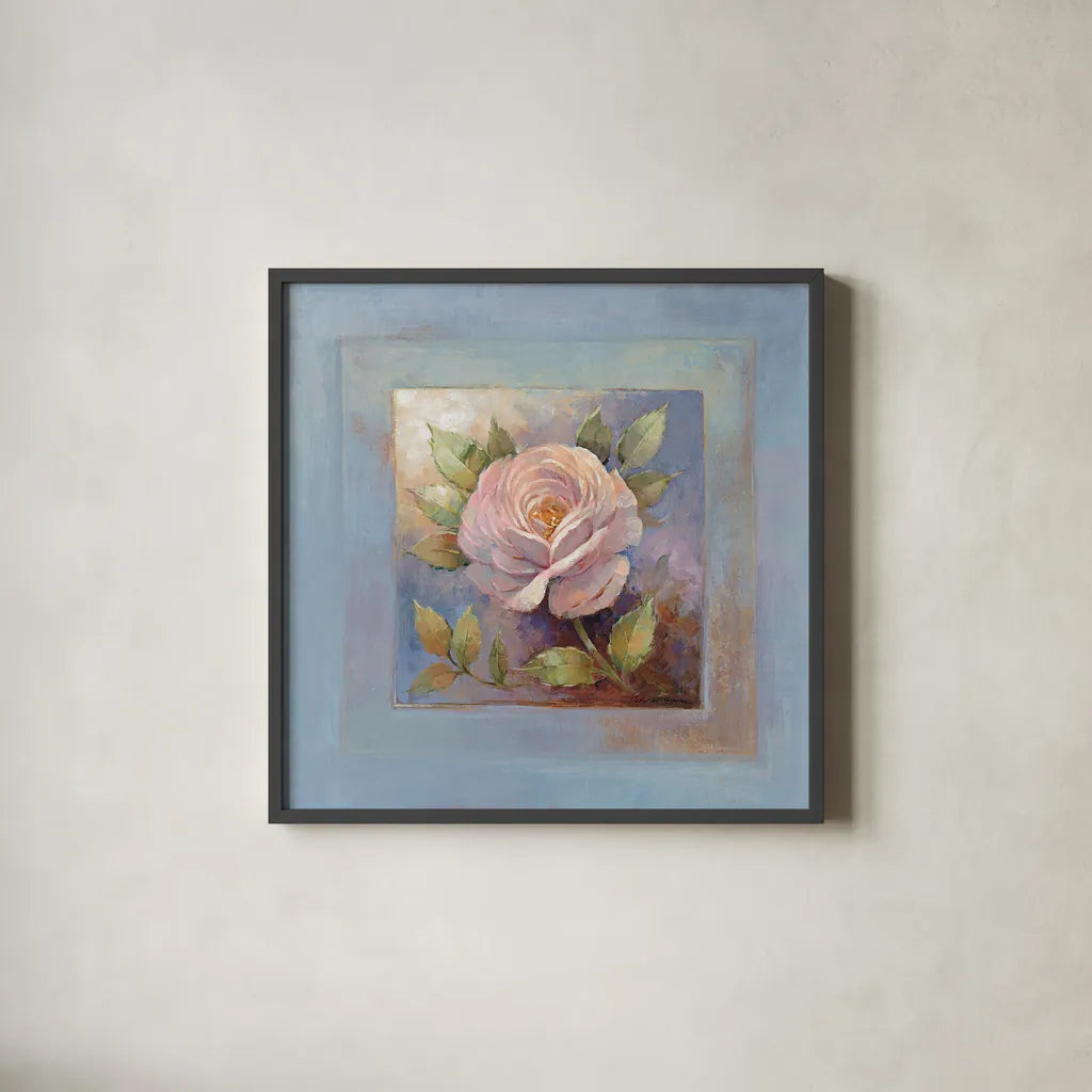 Roses on Blue IV by Peter McGowan. Shown in a sleek black glass frame for a contemporary gallery look. Available as an archival giclee rolled canvas, fine art paper, or poster print. SKU 1249a.