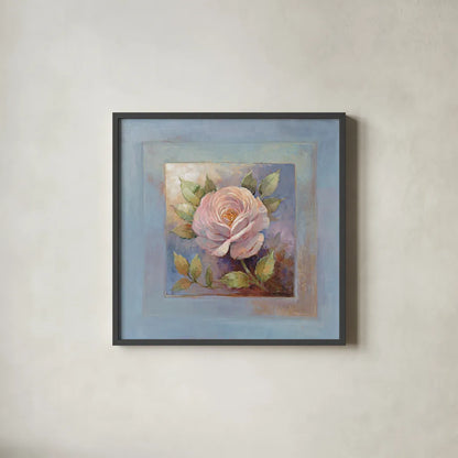 Roses on Blue IV by Peter McGowan. Shown in a sleek black glass frame for a contemporary gallery look. Available as an archival giclee rolled canvas, fine art paper, or poster print. SKU 1249a.