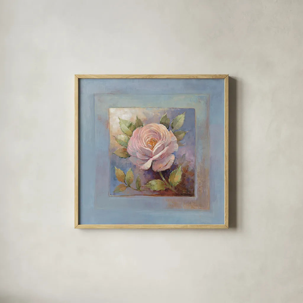 Roses on Blue IV by Peter McGowan. Shown in a natural wood glass frame for a timeless modern aesthetic. Available as an archival giclee rolled canvas, fine art paper, or poster print. SKU 1249a.