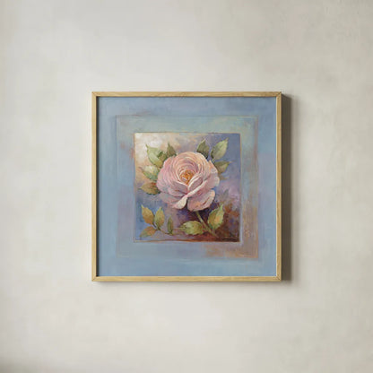 Roses on Blue IV by Peter McGowan. Shown in a natural wood glass frame for a timeless modern aesthetic. Available as an archival giclee rolled canvas, fine art paper, or poster print. SKU 1249a.