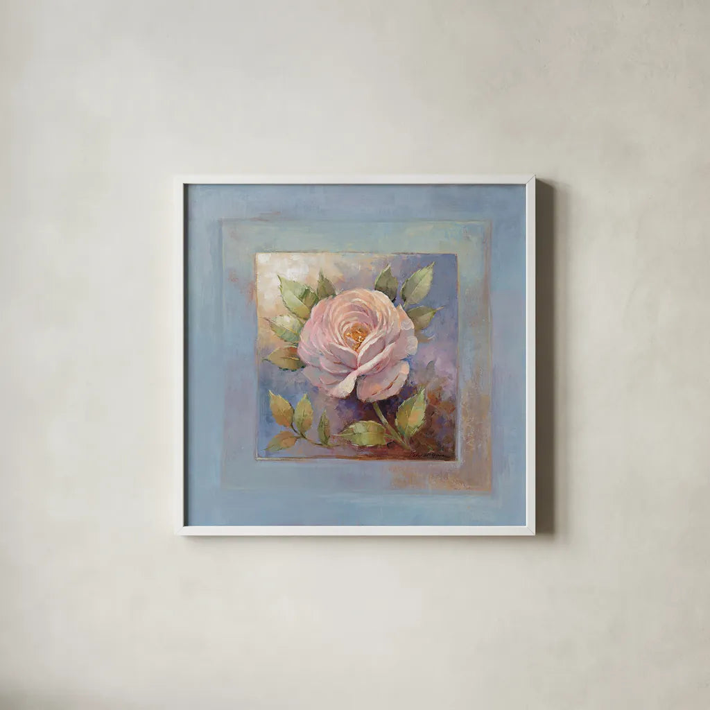 Roses on Blue IV by Peter McGowan. Shown in a crisp white glass frame for a clean and minimalist style. Available as an archival giclee rolled canvas, fine art paper, or poster print. SKU 1249a.
