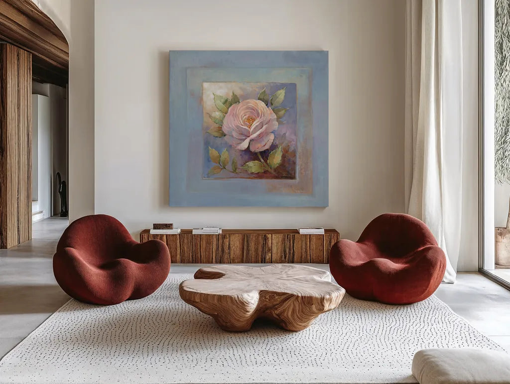 Roses on Blue IV by Peter McGowan. Shown as extra-large giant wall art in a modern living room. Available as an archival giclee rolled canvas, fine art paper, or poster print. SKU 1249a.