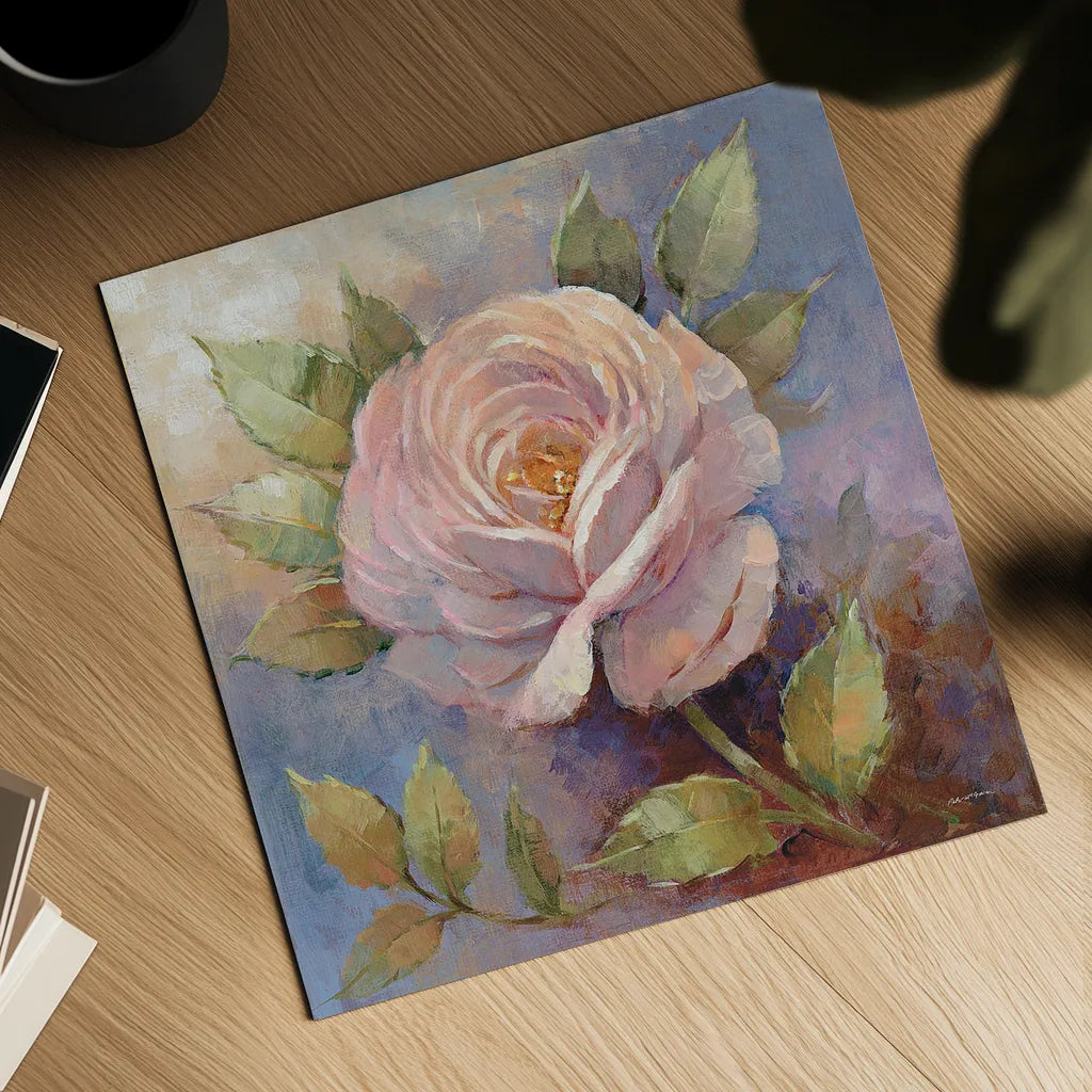 Roses on Blue IV Crop by Peter McGowan. Shown as a detailed flat fine art print, highlighting archival giclee quality. Available as an archival giclee rolled canvas, fine art paper, or poster print. SKU 32568a.
