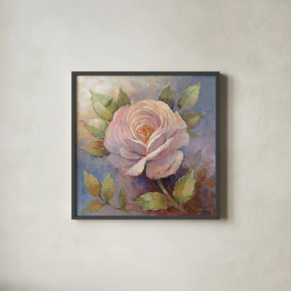 Roses on Blue IV Crop by Peter McGowan. Shown in a sleek black glass frame for a contemporary gallery look. Available as an archival giclee rolled canvas, fine art paper, or poster print. SKU 32568a.