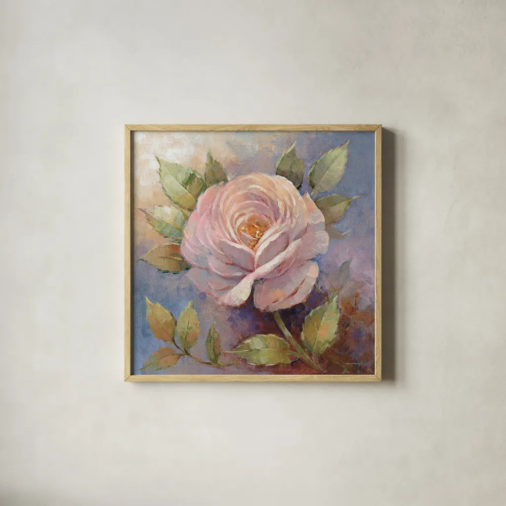 Roses on Blue IV Crop by Peter McGowan. Shown in a natural wood glass frame for a timeless modern aesthetic. Available as an archival giclee rolled canvas, fine art paper, or poster print. SKU 32568a.