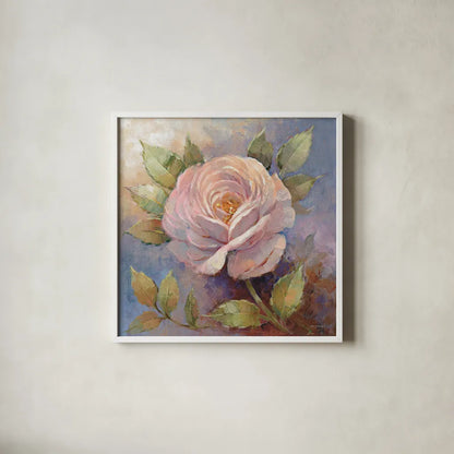 Roses on Blue IV Crop by Peter McGowan. Shown in a crisp white glass frame for a clean and minimalist style. Available as an archival giclee rolled canvas, fine art paper, or poster print. SKU 32568a.