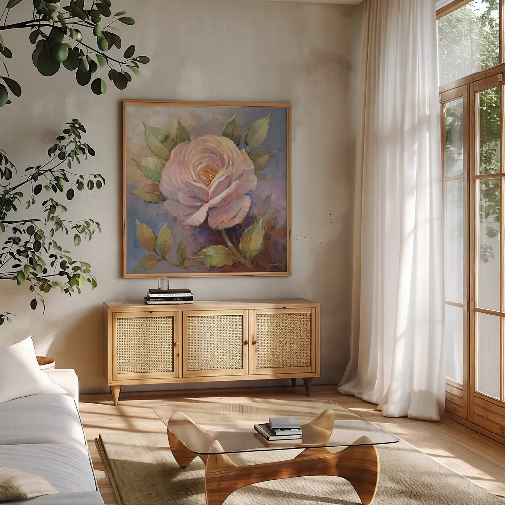 Roses on Blue IV Crop by Peter McGowan. Shown in a natural wood frame in a cozy modern living room. Available as an archival giclee rolled canvas, fine art paper, or poster print. SKU 32568a.