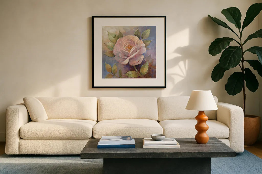 Roses on Blue IV Crop by Peter McGowan. Displayed in a glass frame with matte in a clean modern living room. Available as an archival giclee rolled canvas, fine art paper, or poster print. SKU 32568a.