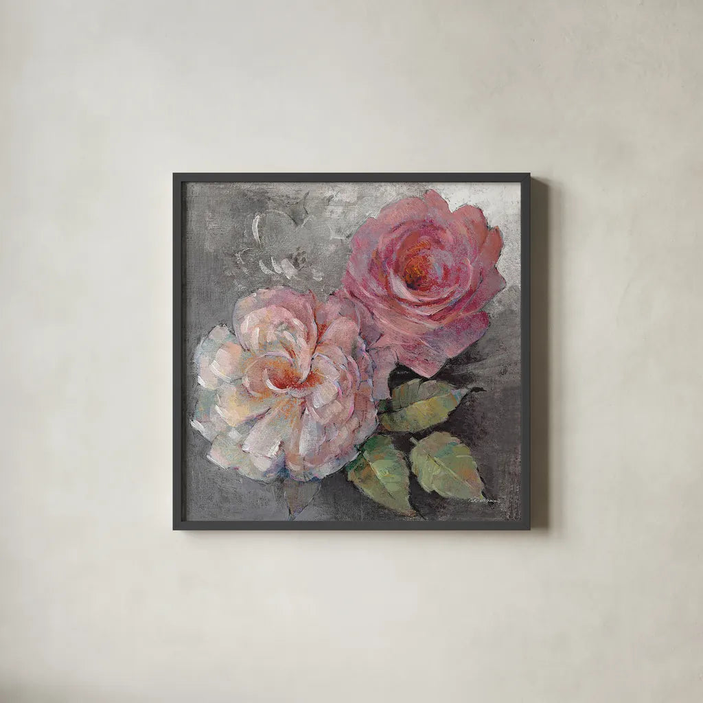 Roses on Gray I Crop by Peter McGowan. Shown in a sleek black glass frame for a contemporary gallery look. Available as an archival giclee rolled canvas, fine art paper, or poster print. SKU 27975a.