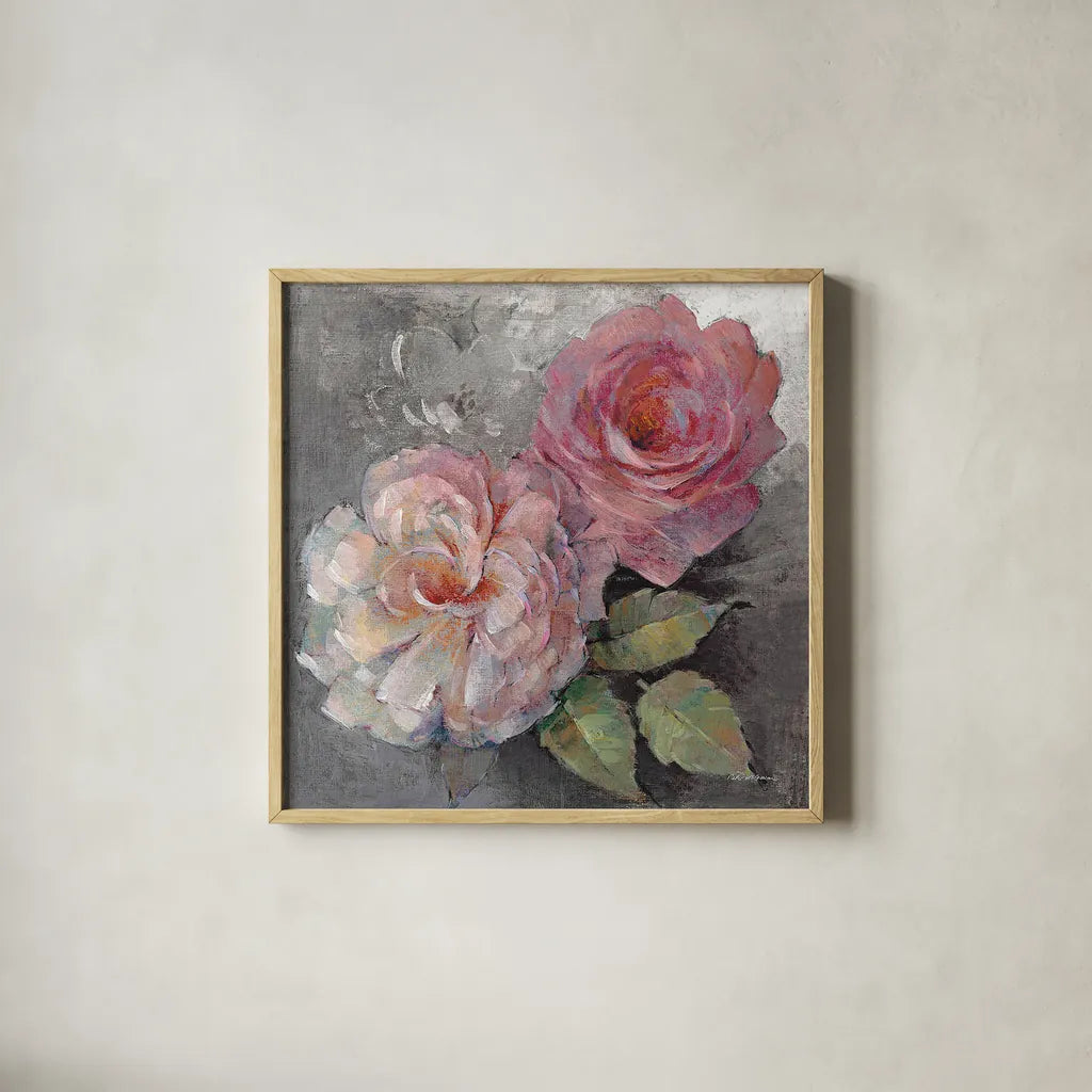 Roses on Gray I Crop by Peter McGowan. Shown in a natural wood glass frame for a timeless modern aesthetic. Available as an archival giclee rolled canvas, fine art paper, or poster print. SKU 27975a.
