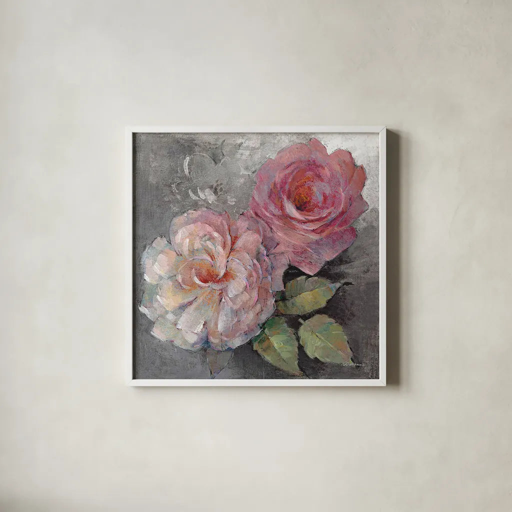 Roses on Gray I Crop by Peter McGowan. Shown in a crisp white glass frame for a clean and minimalist style. Available as an archival giclee rolled canvas, fine art paper, or poster print. SKU 27975a.