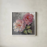 Roses on Gray I Crop by Peter McGowan. Shown in a crisp white glass frame for a clean and minimalist style. Available as an archival giclee rolled canvas, fine art paper, or poster print. SKU 27975a.