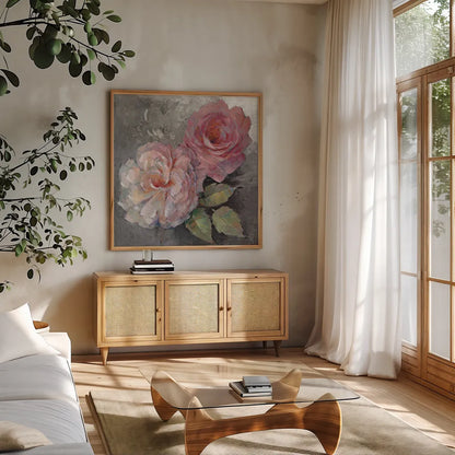 Roses on Gray I Crop by Peter McGowan. Shown in a natural wood frame in a cozy modern living room. Available as an archival giclee rolled canvas, fine art paper, or poster print. SKU 27975a.