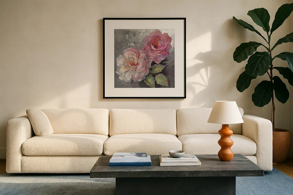 Roses on Gray I Crop by Peter McGowan. Displayed in a glass frame with matte in a clean modern living room. Available as an archival giclee rolled canvas, fine art paper, or poster print. SKU 27975a.