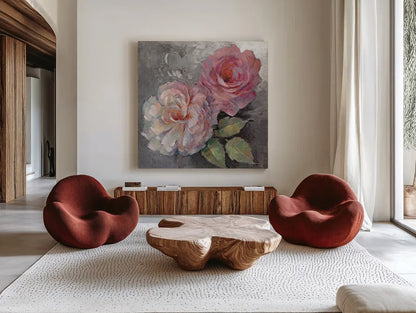 Roses on Gray I Crop by Peter McGowan. Shown as extra-large giant wall art in a modern living room. Available as an archival giclee rolled canvas, fine art paper, or poster print. SKU 27975a.