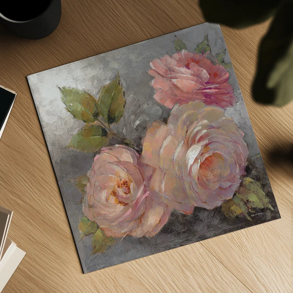 Roses on Gray II Crop by Peter McGowan. Shown as a detailed flat fine art print, highlighting archival giclee quality. Available as an archival giclee rolled canvas, fine art paper, or poster print. SKU 27976a.